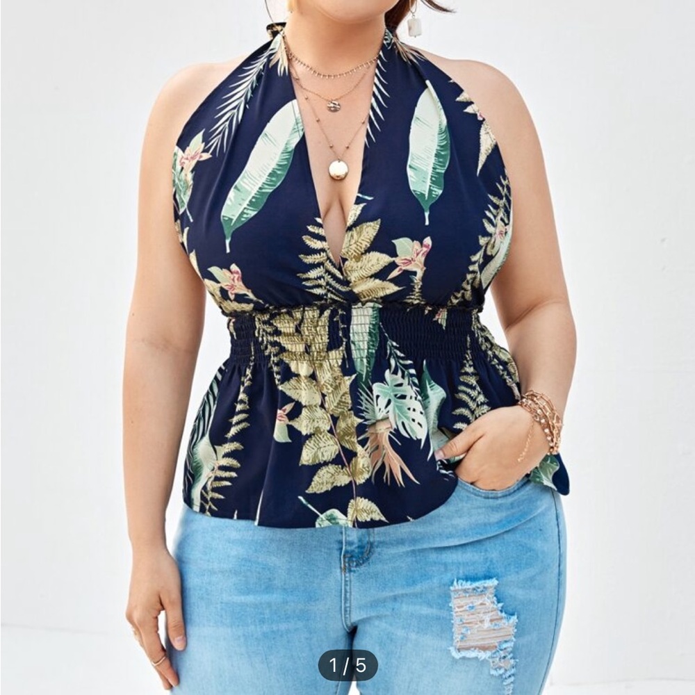 Blue and Green Halter Blouse with Tropical Print
